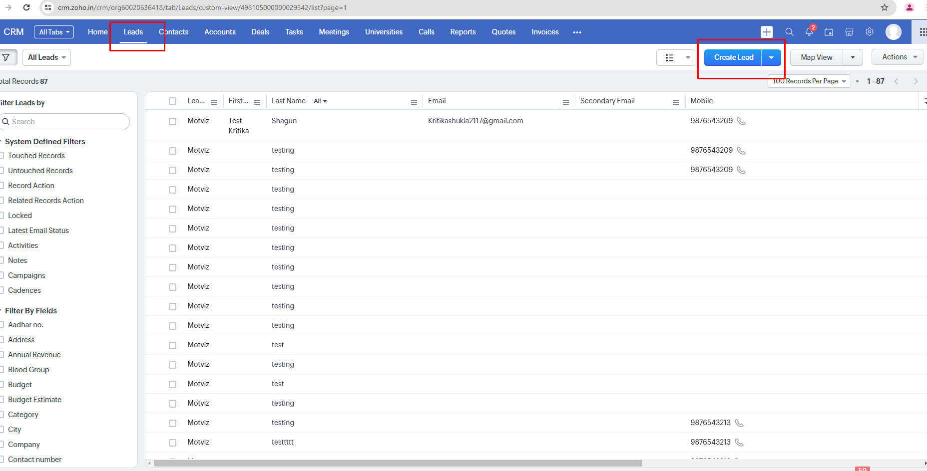 leads in Zoho CRM
